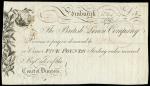 British Linen Company, part isued ｣5, 1 August 1780, serial number 73/52276, black and white, vertic