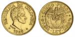 x Colombia, Republic, Gold 5-Pesos, 1924, Small 2, "MFDELLIN" Error, bare head of Simon Bolivar righ