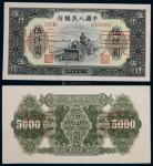 13430  1949年第一版人民币伍仟圆耕地机元正、反面样票各一枚，八八品