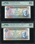 1972年加拿大一组两枚, 包括5元 编号 CU2681688 及补版5元 编号 *SB1374949. PMG 65EPQ, 30EPQ。Bank of Canada, a pair of $5, 