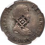 CUBA, Trinidad/Santiago/Principe, 2 reales, lattice countermark (1841) on a Seville, Spain, bust 2 r