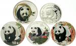 5 pieces: 10 Yuan panda silver color coins 1999, 2001, 2002, 2003.5Yuan silver 1986 large panda. All