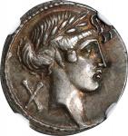 ROMAN REPUBLIC. Q. Pomponius Musa. AR Denarius (3.96 gms), Rome Mint, 56 B.C. NGC AU★, Strike: 5/5 S