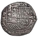BOLIVIA, Potosí, cob 4 reales, Philip II, assayer B (5th period), border of xs reverse.