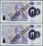 Bank of England, Sarah John, polymer £20, ND (20 February 2020), serial number AA01 000133/134, purp