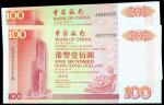 Bank of China,lot of 2 x $100, 1994 and 1999, serial number AA886288, DX777778,red on light green un