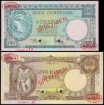 Indonesia, 100 and 500rupiah, Specimen, no date (1957), featuring a squirrel and tiger respectively,
