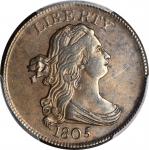 1805 Draped Bust Half Cent. C-1. Rarity-1. Medium 5, Stemless Wreath. AU-58 (PCGS). CAC.