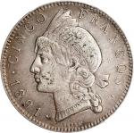 DOMINICAN REPUBLIC. 5 Francos, 1891-A. Paris Mint. PCGS EF-40.