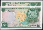 Singapore, $5, 1973, Sign. H.S.Sen (KNB2e;P-2d) S/no. A/41 209505-506, UNC, light foxing (2pcs). Sol