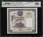 NORWAY. Norges Bank. 100 Kroner, 1942. P-22s1. Specimen. PMG Gem Uncirculated 66 EPQ.