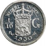 1930年荷属东印度1/10杜卡顿。乌得勒支铸币厂。NETHERLANDS EAST INDIES. 1/10 Gulden, 1930. Utrecht Mint. Wilhelmina I. PC