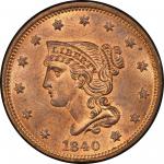 1840 Braided Hair Cent. Newcomb-2. Small 8 over Large 8. Rarity-2. Mint State-65 RB (PCGS).