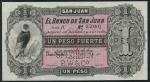 El Banco de San Juan, a printers archival specimen for a 1 Peso Fuerte, San Juan, 18-, serial number