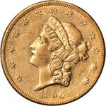1856-S Liberty Double Eagle. Variety-17R. No Serif, Low Right S. Gold S.S. Central America Label. AU