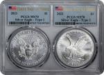 Lot of (2) 2021 Silver Eagles. First Day of Issue. MS-70 (PCGS).