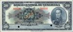VENEZUELA. Banco Central de Venezuela. 500 Bolivares, 1940. P-35s. Specimen. Choice Uncirculated.
