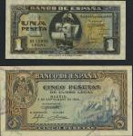El Banco de Espana, 1 peseta, 1940, blue and orange, galleon at centre, also 5 pesetas, 1940, orange