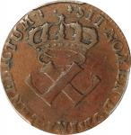 1721-H French Colonies Sou, or 9 Deniers. La Rochelle Mint. Martin 3.6-B.12, W-11830. Rarity-7. EF-4