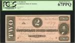 T-70. Confederate Currency. 1864 $2. PCGS Currency Superb Gem New 67 PPQ.