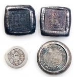 民国时期小型银块3枚以及银质扣钮1枚，银块其中一块為香港谢利源金铺铸，另外二枚為广东南洋兄弟烟草公司铸，保存完好，带包浆，GEF