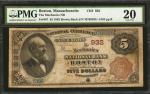 Boston, Massachusetts. $5 1882 Brown Back. Fr. 467. The Mechanics NB. Charter #932. PMG Very Fine 20