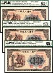 1949年第一版人民币贰佰圆，炼钢图，单张式票样一组三枚样本号连号，均为PMG65EPQ