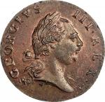 1773 Virginia Halfpenny. Newman 4-G, W-1460. Rarity-3. No Period After GEORGIVS, 7 Harp Strings. MS-