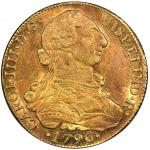 Santiago, Chile, gold bust 8 escudos, Charles IV (bust of Charles III), 1796 DA, PCGS AU58.