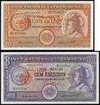Saint Thomas and Prince, lot of 2 notes, 20escudos and 100escudos, 1976 (old date 1958), brown and p