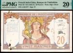 无年份（1932年）东方汇理银行贰拾元，持球和橄榄枝的女胸像，斯坦尼斯拉·西蒙（Stanislas Simom）和合内·帝翁·德·拉·刷余（Rene Thion de la Chaume）签名，PMG