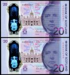 Bank of Scotland, £20 polymer issue, 1 June 2019, serial number AA 000047/48, purple, indigo and dar