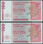 Standard Chartered Bank,consecutive pair of $100, 1 January 1986, serial number AP977231-2,red on mu