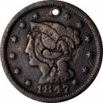 (rooster) on an 1847 Braided Hair large cent Brunk ETC-27, Rulau-Unlisted. Host coin Fine, but holed