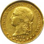 COLOMBIA. 1874 20 Pesos. Bogotá mint. Restrepo M336.10. AU-50 (PCGS).