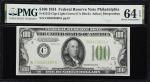 Fr. 2152-Clgs. 1934 Light Green Seal $100 Federal Reserve Note. Philadelphia. PMG Choice Uncirculate