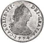 Potosi, Bolivia, bust 4 reales, Charles III, 1774 JR, NGC AU 58 ("top pop").