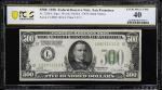 Fr. 2200-L. 1928 Dark Green Seal $500 Federal Reserve Note. San Francisco. PCGS Banknote Extremely F