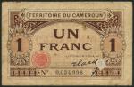 Territoire du Cameroun, 1 franc, ND (1922), serial number 0034998, brown and tan, value at left and 