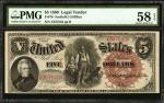Fr. 70. 1880 $5 Legal Tender Note. PMG Choice About Uncirculated 58 EPQ.