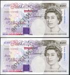 Bank of England, M. Lowther, consecutive pair of £20 (2), ND (1991), serial number DA69 985501/502, 
