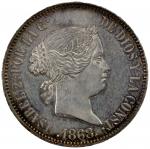World Coins - Asia & Middle-East. PHILIPPINES: Isabel II, 1833-1868, AR 50 centimos, 1868/58, KM-147