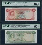 Bahamas Government, $3 and $5, 1965, both serial numbers A 000081, red and green respectively, Eliza