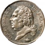 1822-A年法国5法郎。FRANCE. 5 Francs, 1822-A. Paris Mint. Louis XVIII. NGC AU-58.