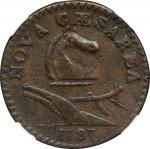 1787 New Jersey Copper. Maris 43-d, W-5225. Rarity-1. No Sprig Above Plow, Bulbous Nose, Outlined Sh