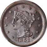 1851 Braided Hair Cent. N-6. Rarity-1. MS-67 BN (PCGS).