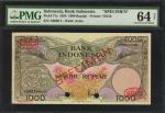 1959年印尼银行1000盾。样票。INDONESIA. Bank Indonesia. 1000 Rupiah, 1959. P-71s. Specimen. PMG Choice Uncircul
