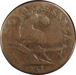 1787 New Jersey copper. Maris 56-n. Rarity-1. Camel Head. Overstruck on 1788 Vermont copper, RR-27. 