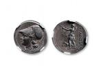 古希腊西西里岛叙拉古第五共和银币一枚，重：10.15g，NGC AU 公元前214-212年发行 正面：雅典娜战斗头盔侧像 反面：女弓箭手和猎狗