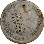 New York--New York. ADMIT TO / BROADWAY / VARIETIES on the obverse of a Spanish colonial 1799-LIMAE 